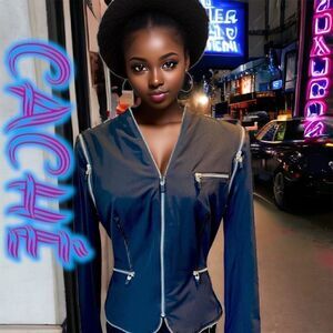 Cache Womens Nylon Blend Pockets Long Sleeve Front Zip Basic Jacket Black Size 2